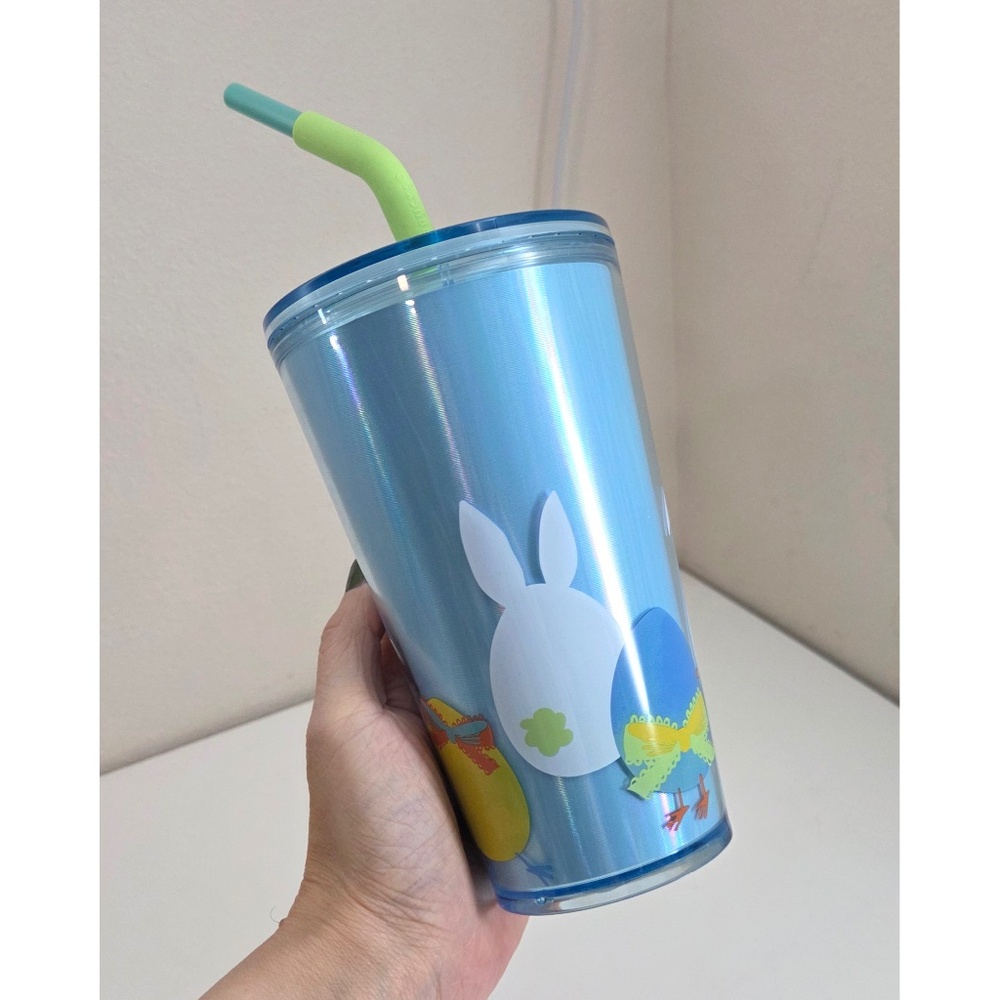 Starbucks Spring Easter Bunny Eggs Blue Grande Tumbler Cup 16oz Angled Straw